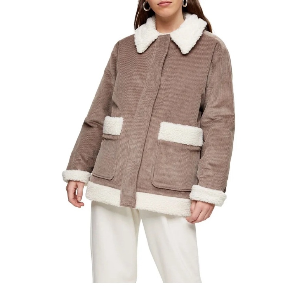 TOPSHOP Kangaroo Corduroy Jacket with Faux Shearling Trim